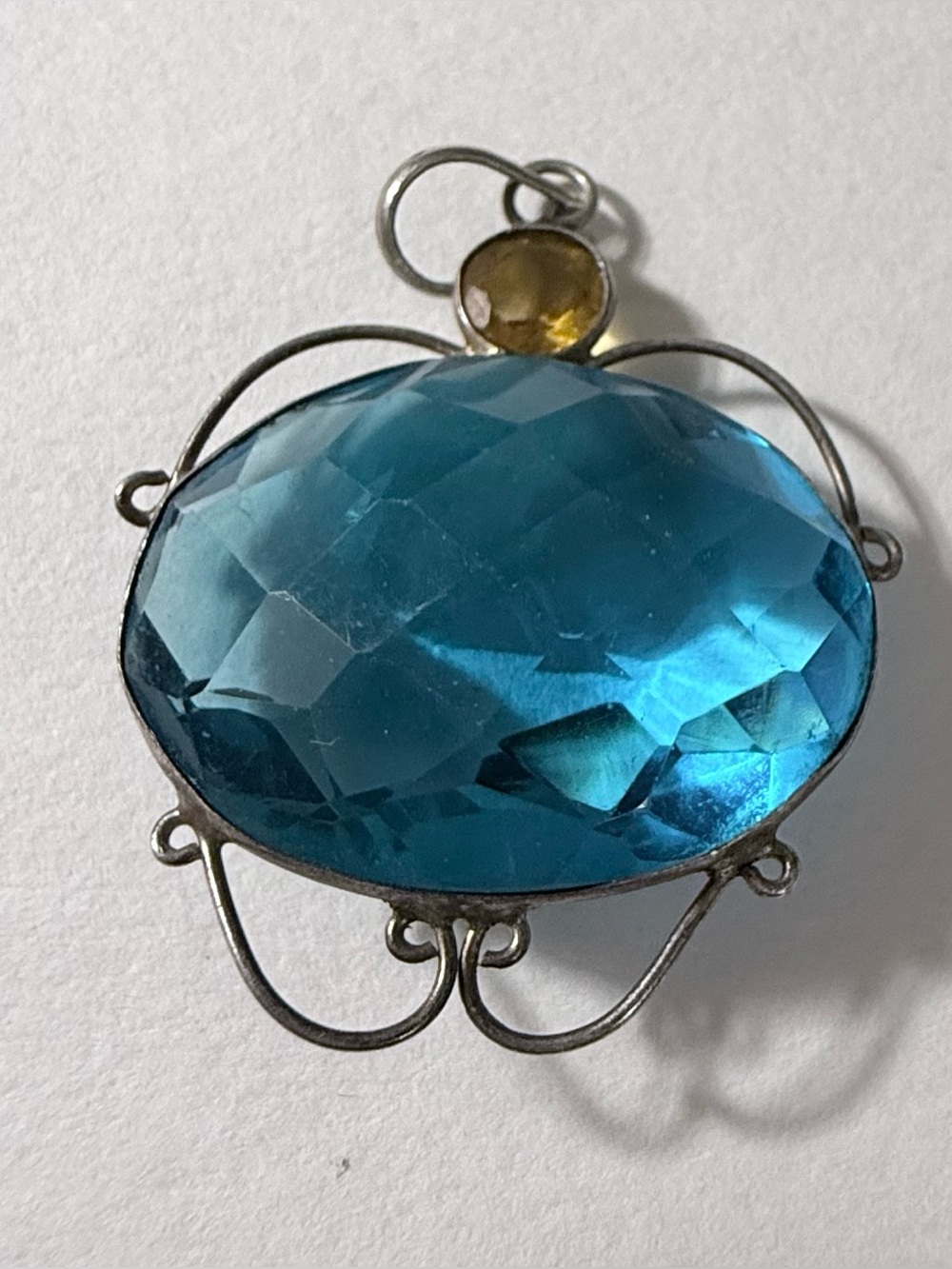 Vintage Silver Pendant with Large Faceted Aqua Blue Glass Stone